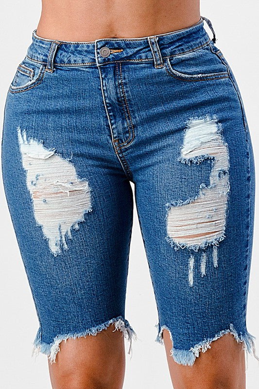 DISTRESSED FRAYED HEM HIGH RISE BERMUDA SHORT