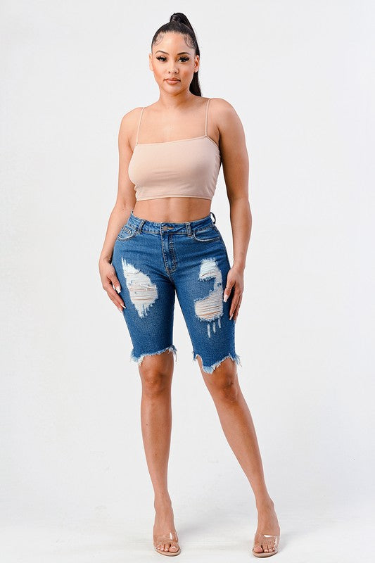 DISTRESSED FRAYED HEM HIGH RISE BERMUDA SHORT