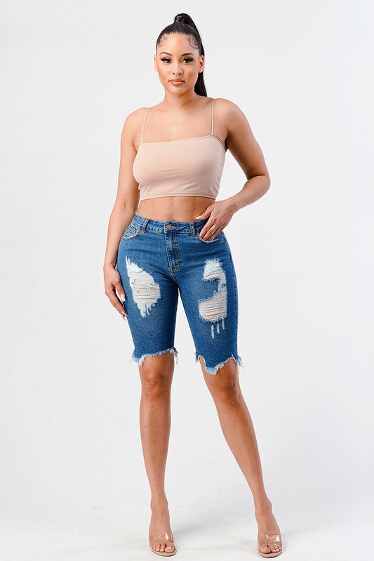 DISTRESSED FRAYED HEM HIGH RISE BERMUDA SHORT