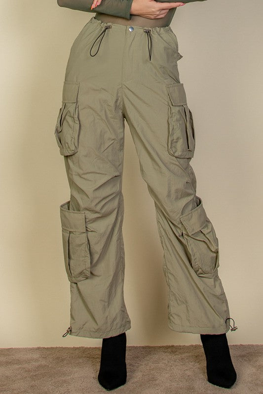 Flap Pockets Drawstring Ruched Parachute Pants