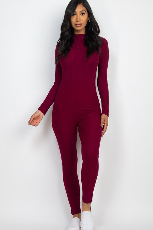 Ribbed Mock Neck Long Sleeve Casual Jumpsuit