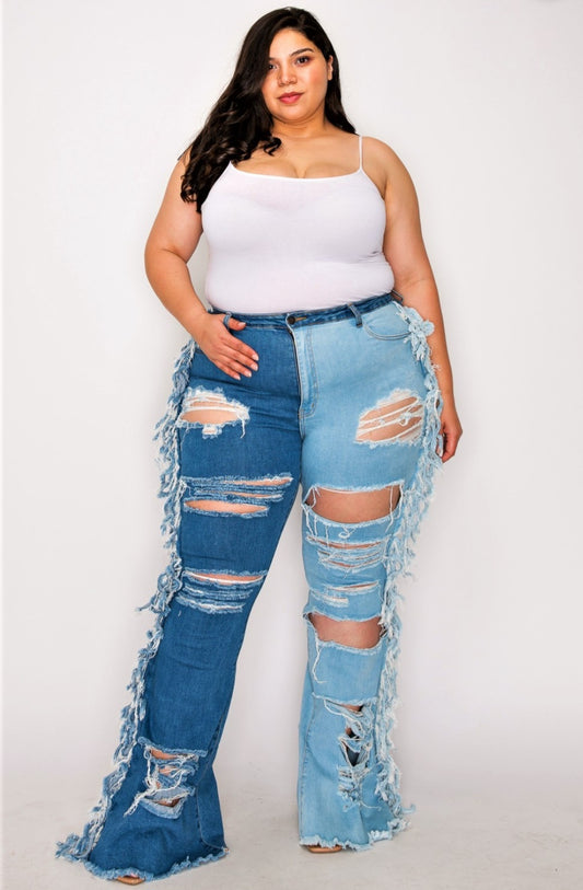 Plus Size Side Tassel Duo Blue Flare Jeans