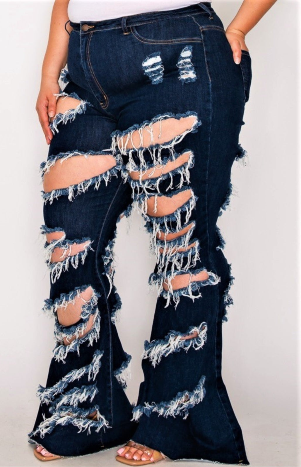 Plus Size Dark Blue Distressed Flare Jeans