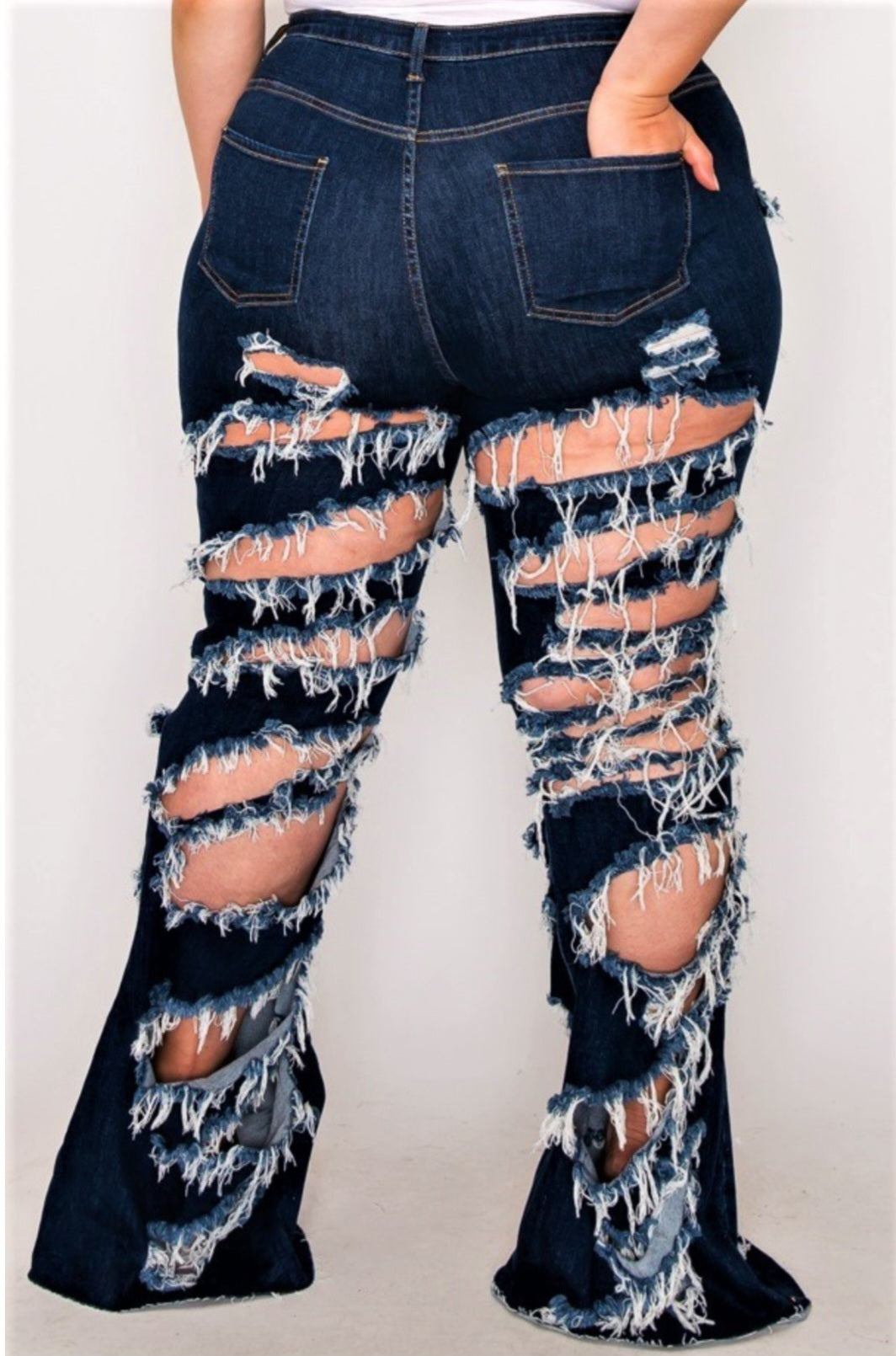 Plus Size Dark Blue Distressed Flare Jeans