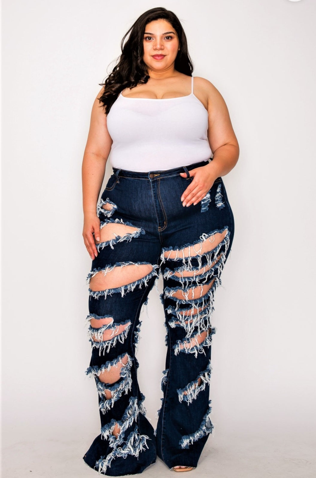 Plus Size Dark Blue Distressed Flare Jeans