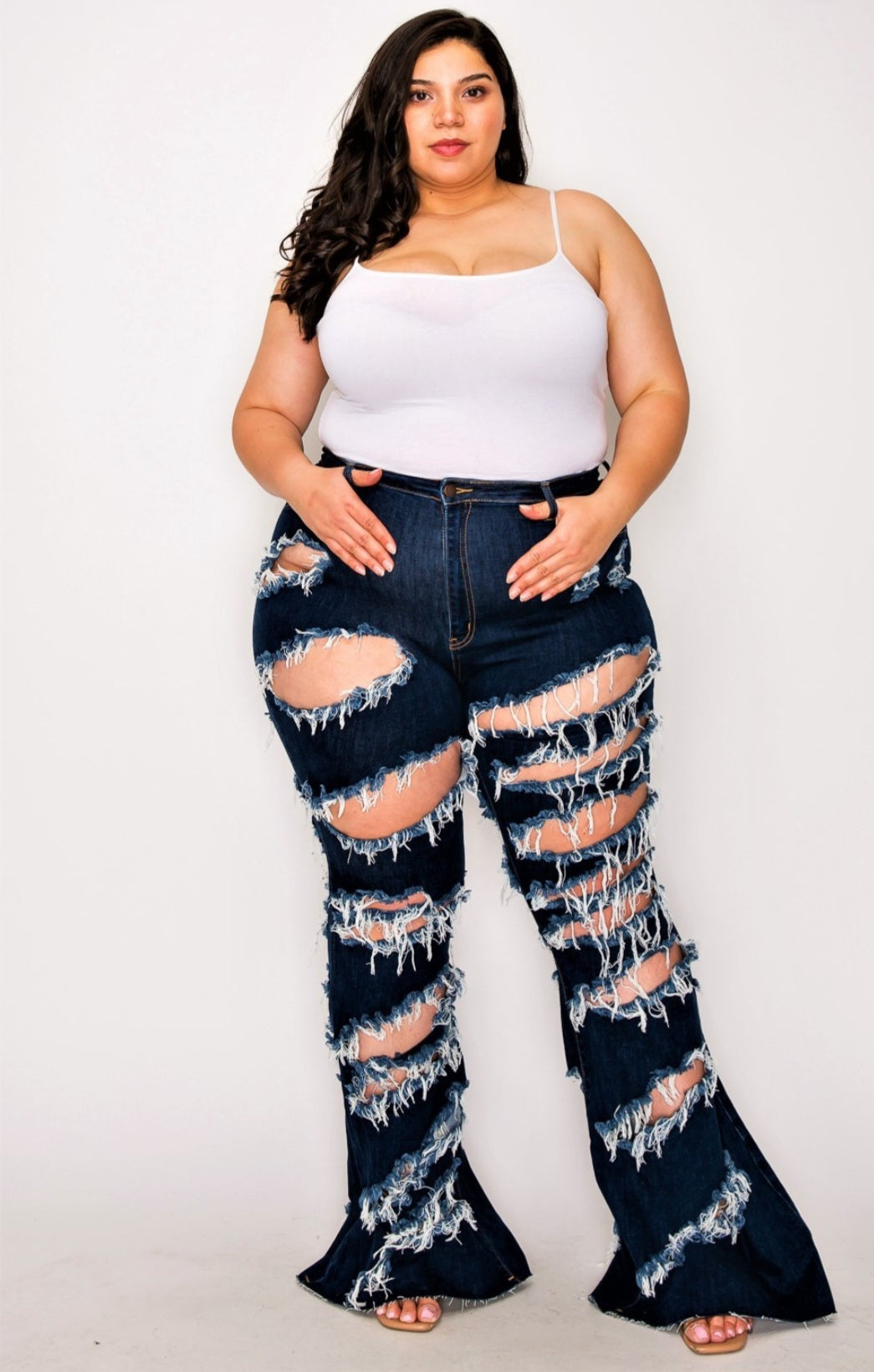 Plus Size Dark Blue Distressed Flare Jeans