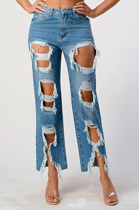 MID RISE EXTRA DISTRESSED BOYFRIEND JEAN