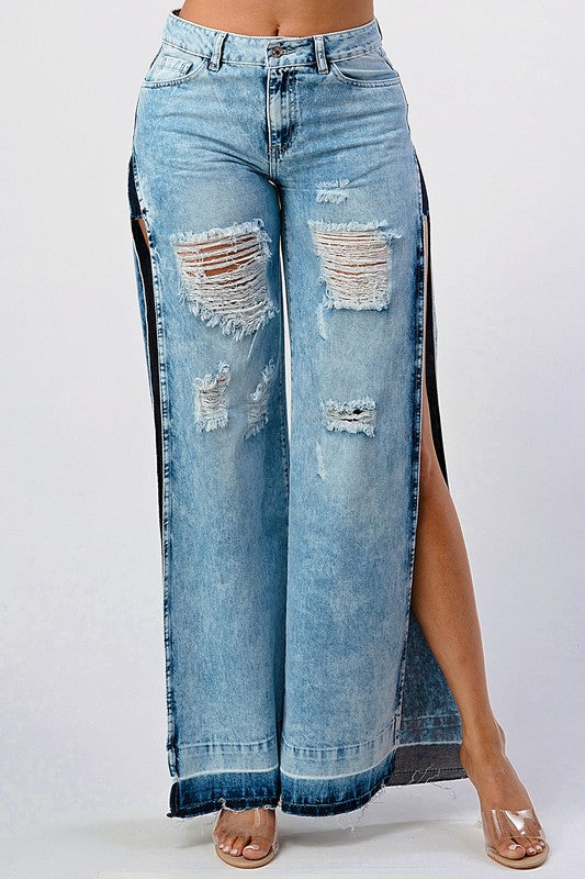 DISTRESSED ACID WASHED SIDE OPEN WIDE LEG JEAN