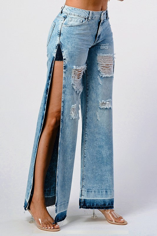 DISTRESSED ACID WASHED SIDE OPEN WIDE LEG JEAN