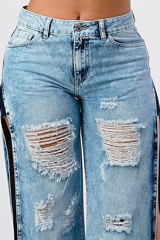 DISTRESSED ACID WASHED SIDE OPEN WIDE LEG JEAN