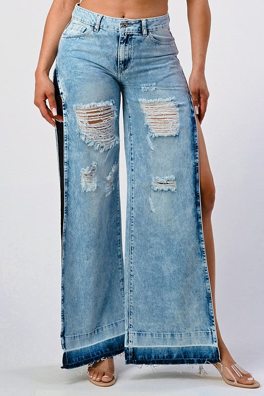 DISTRESSED ACID WASHED SIDE OPEN WIDE LEG JEAN