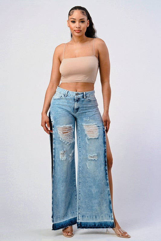 DISTRESSED ACID WASHED SIDE OPEN WIDE LEG JEAN