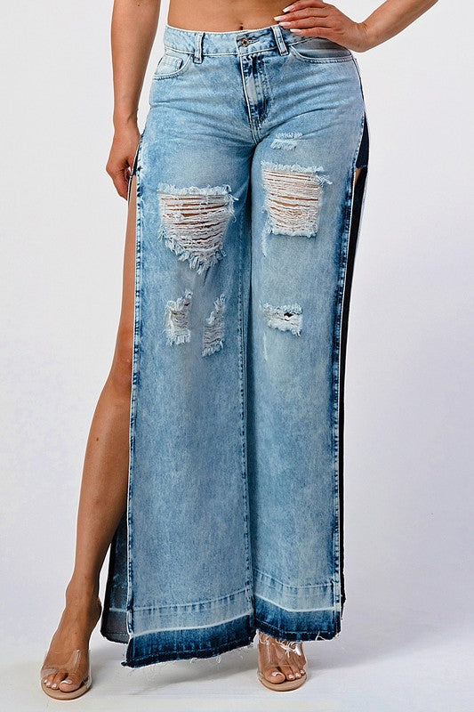 DISTRESSED ACID WASHED SIDE OPEN WIDE LEG JEAN