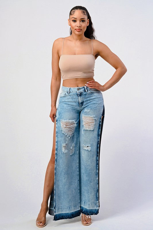 DISTRESSED ACID WASHED SIDE OPEN WIDE LEG JEAN