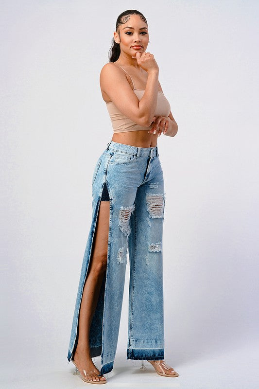 DISTRESSED ACID WASHED SIDE OPEN WIDE LEG JEAN