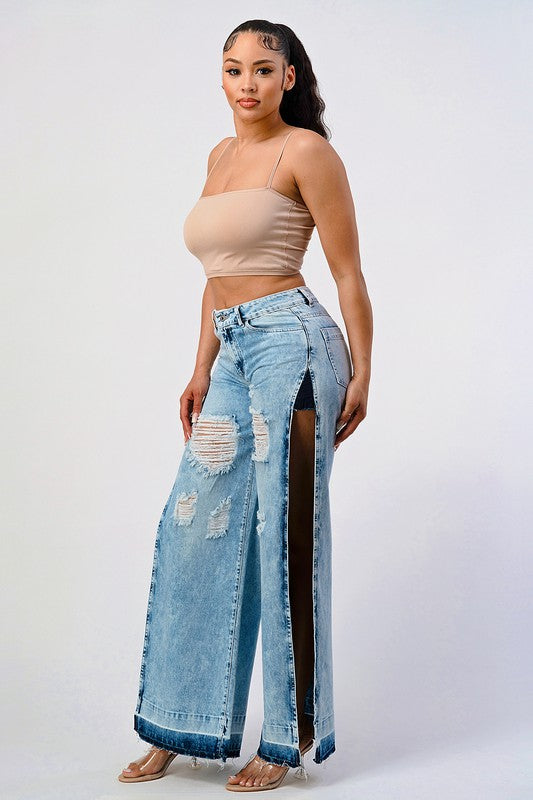 DISTRESSED ACID WASHED SIDE OPEN WIDE LEG JEAN