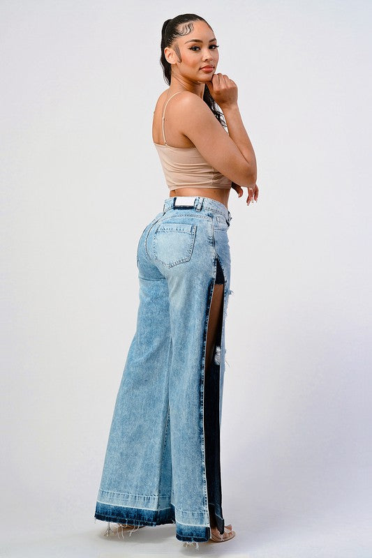 DISTRESSED ACID WASHED SIDE OPEN WIDE LEG JEAN