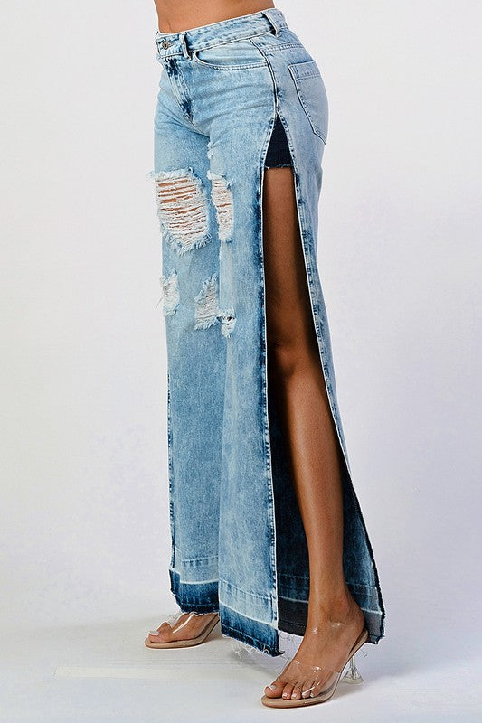 DISTRESSED ACID WASHED SIDE OPEN WIDE LEG JEAN