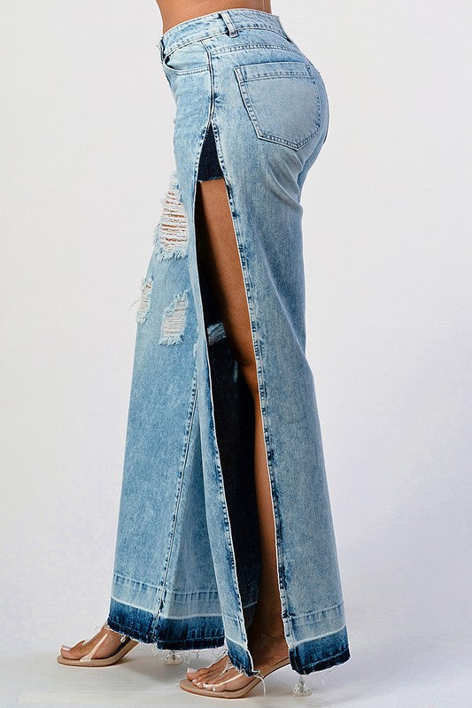 DISTRESSED ACID WASHED SIDE OPEN WIDE LEG JEAN