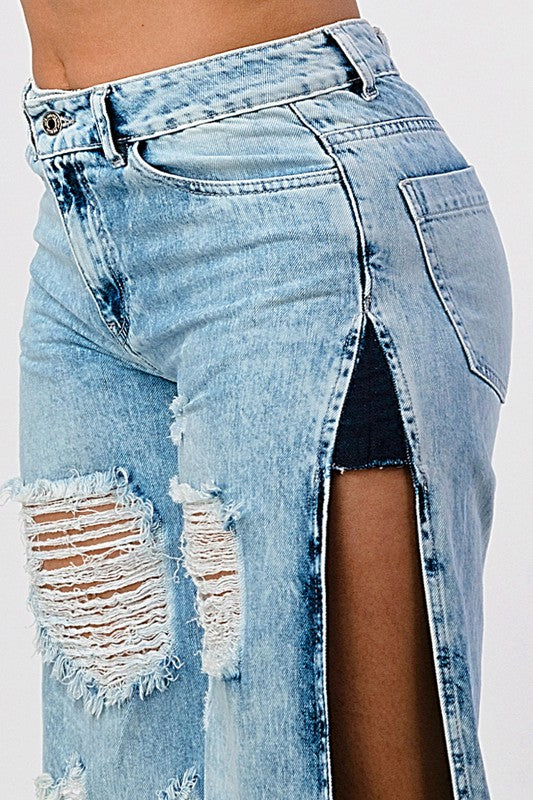 DISTRESSED ACID WASHED SIDE OPEN WIDE LEG JEAN