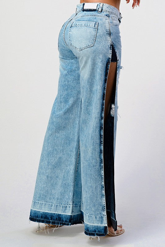 DISTRESSED ACID WASHED SIDE OPEN WIDE LEG JEAN