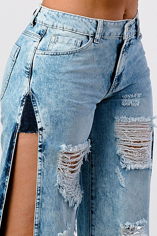 DISTRESSED ACID WASHED SIDE OPEN WIDE LEG JEAN