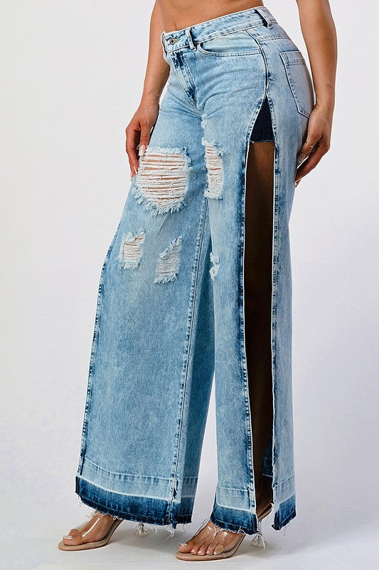 DISTRESSED ACID WASHED SIDE OPEN WIDE LEG JEAN