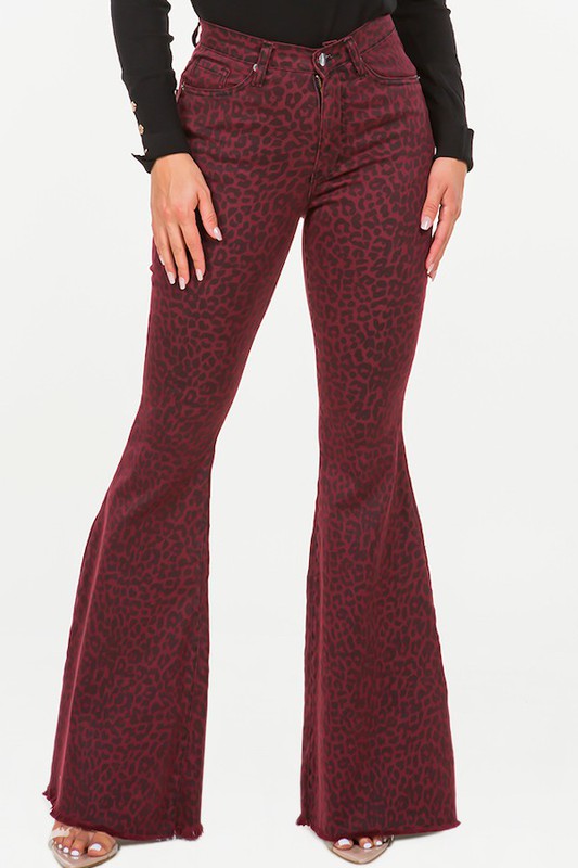 Leopard Bell Bottom Jean in Burgundy