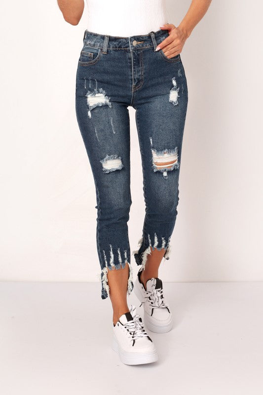 DESTROYED FRAYED HEM SKINNY JEAN