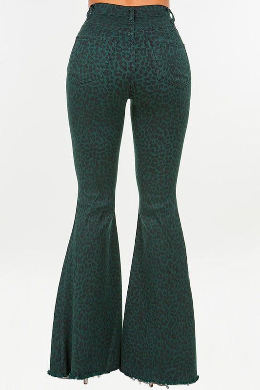 Leopard Print Bell Bottom Jean in Pine Green