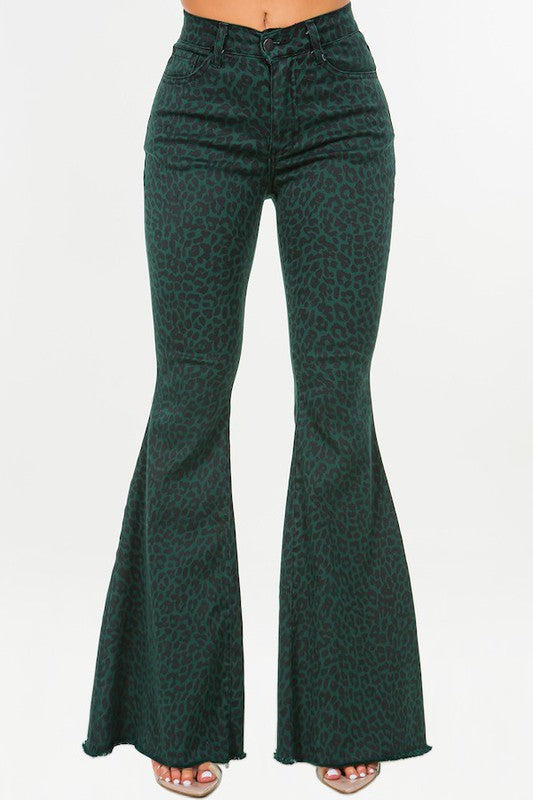 Leopard Print Bell Bottom Jean in Pine Green