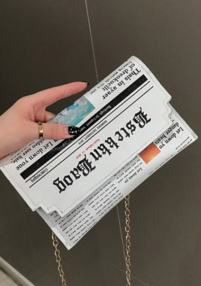 Trendy Newspaper Print Chain Shoulder Bag