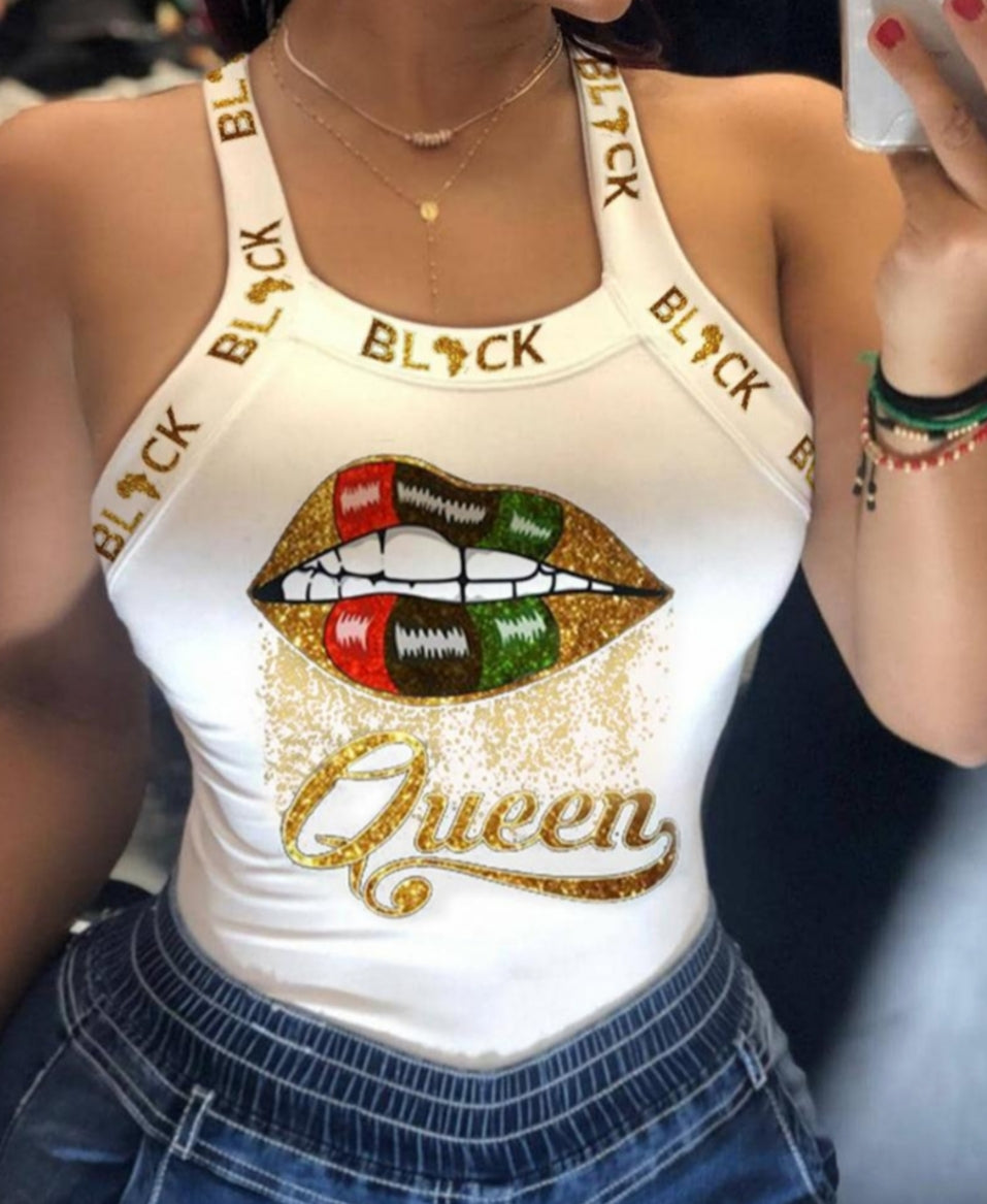 Glittering Lip/Queen Print U-neck Tank Top