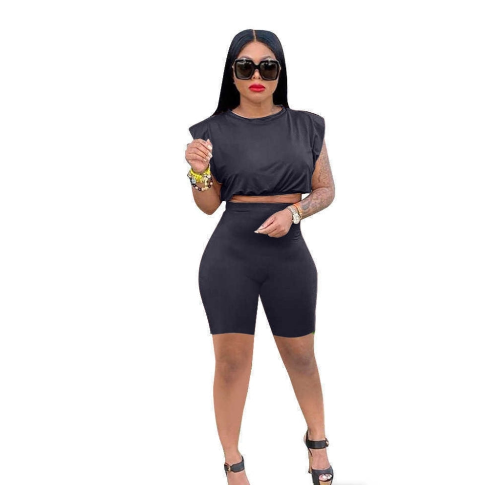 Women Two Piece Pants Set Tracksuit Shoulder Pad Sleeveless Tight Fashion Casual Suit Solid Color Elastic Outfit