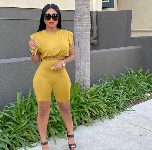 Women Two Piece Pants Set Tracksuit Shoulder Pad Sleeveless Tight Fashion Casual Suit Solid Color Elastic Outfit