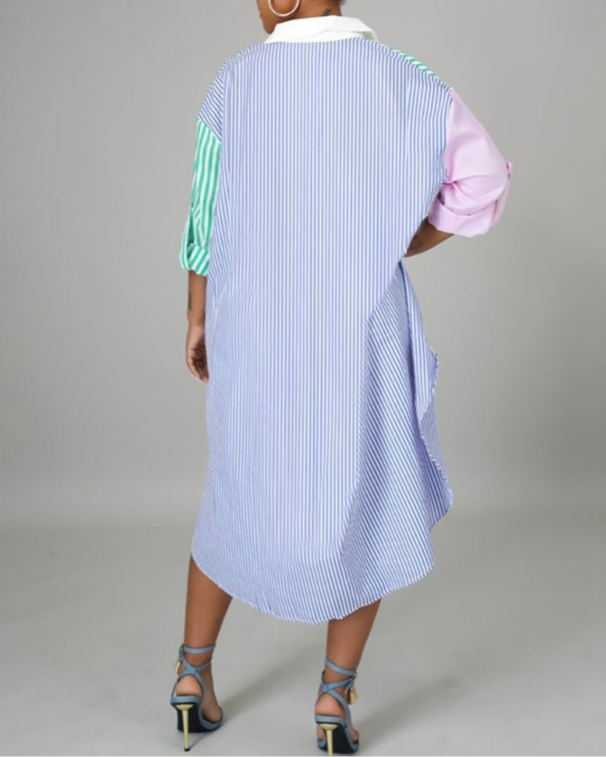 Striped Print Color block Buttoned Dip Hem Shirt Dress