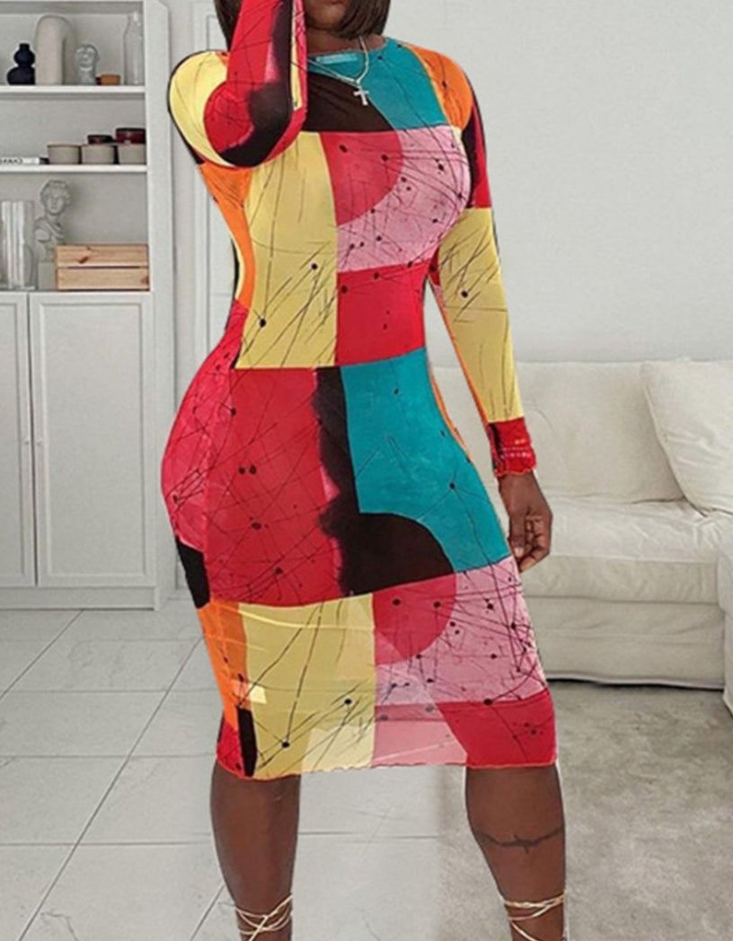 Abstract Print Long Sleeve Mesh Bodycon Dress