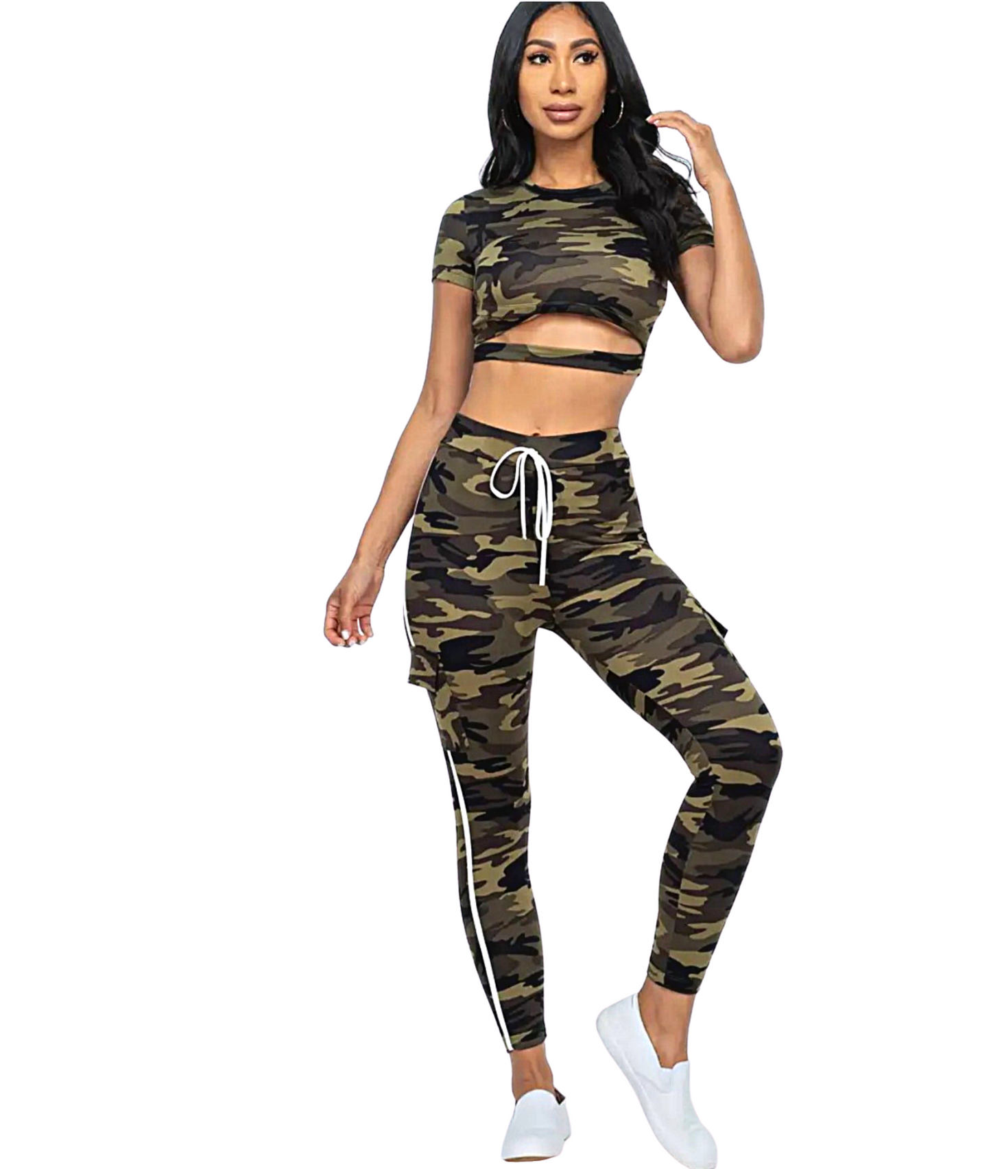 Cut-out Cropped Top & Cargo Pants Set Print