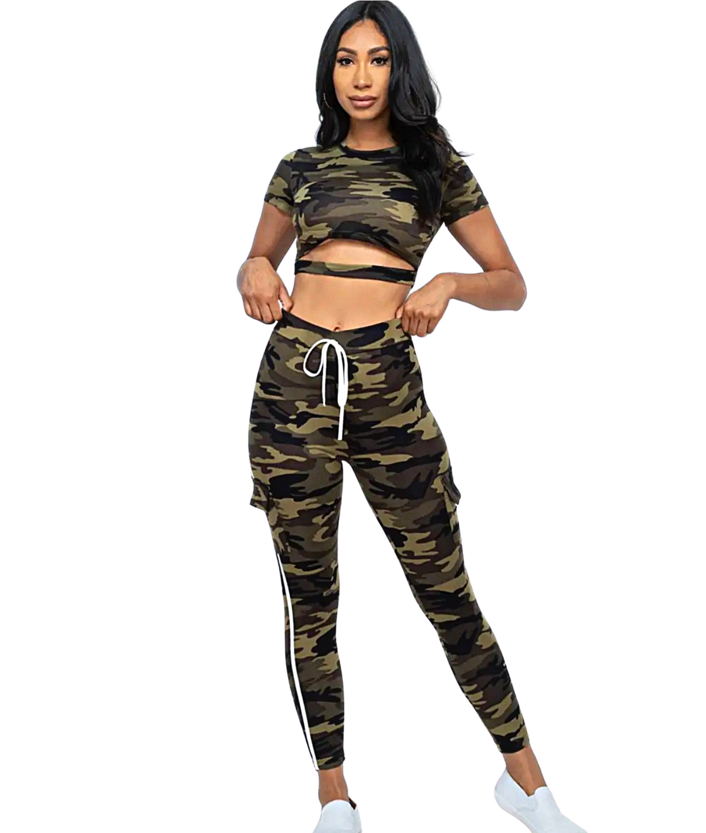 Cut-out Cropped Top & Cargo Pants Set Print