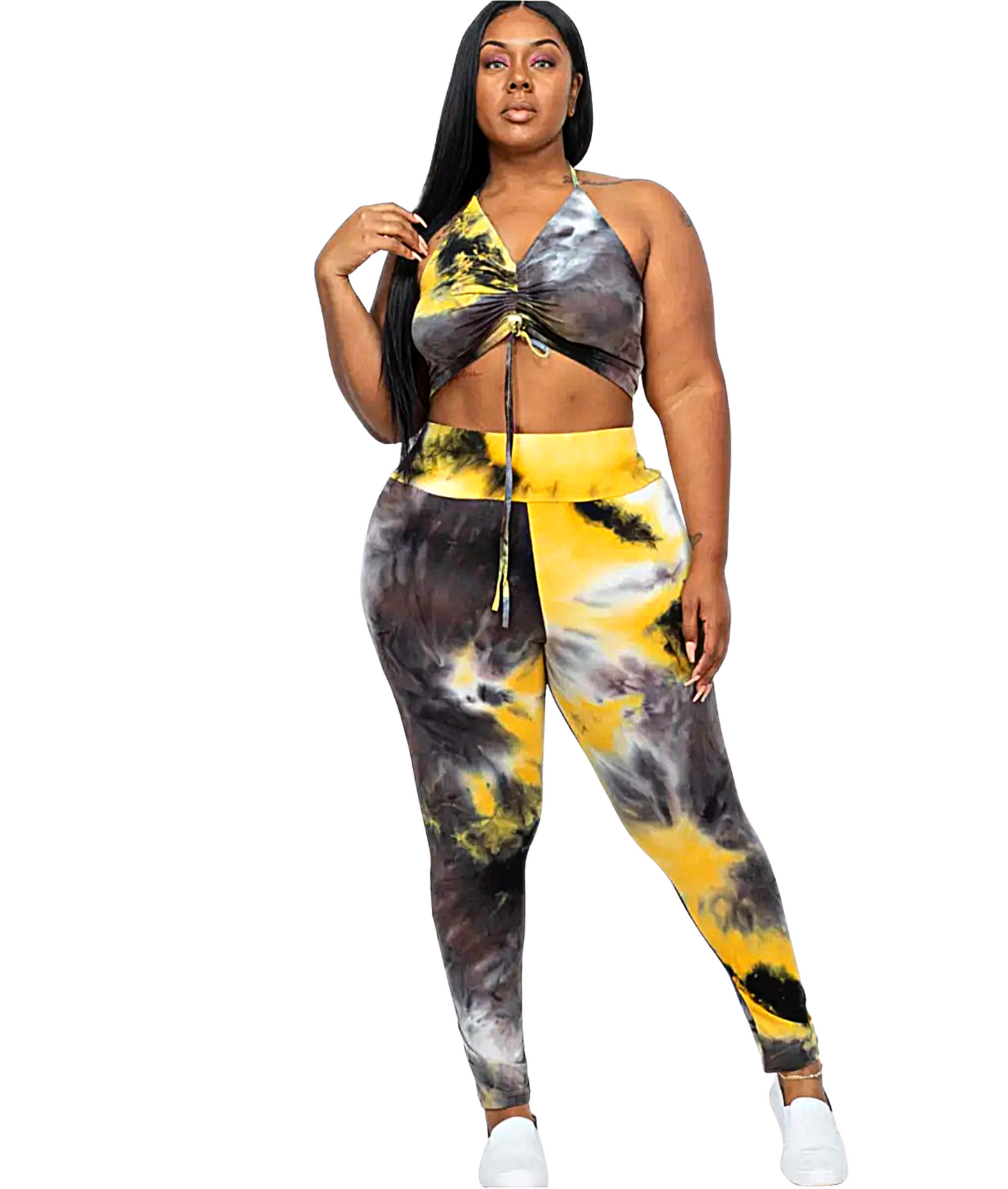 Plus Size Acid Dyed Front Ruched, String Top & Leggings Set