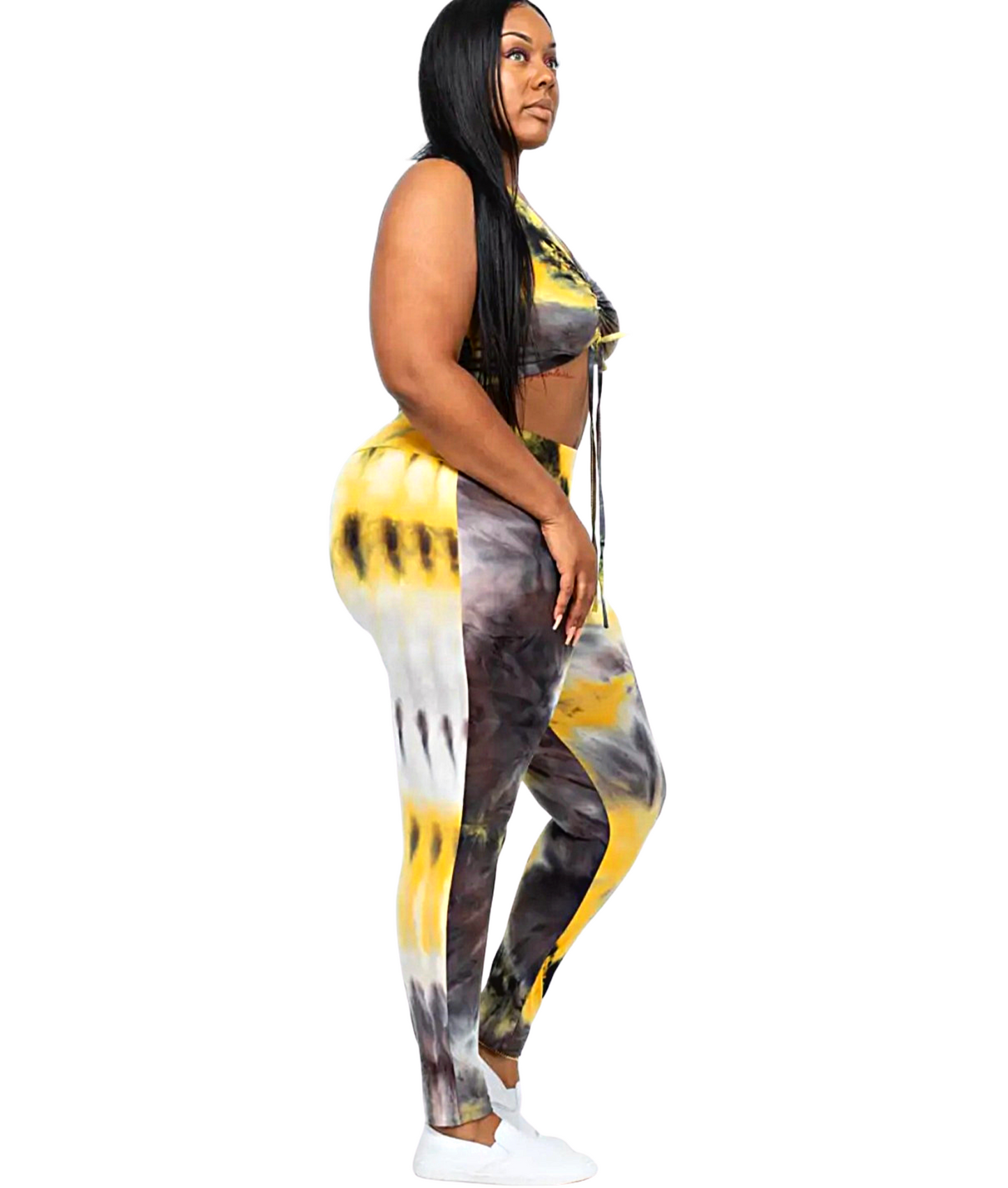 Plus Size Acid Dyed Front Ruched, String Top & Leggings Set