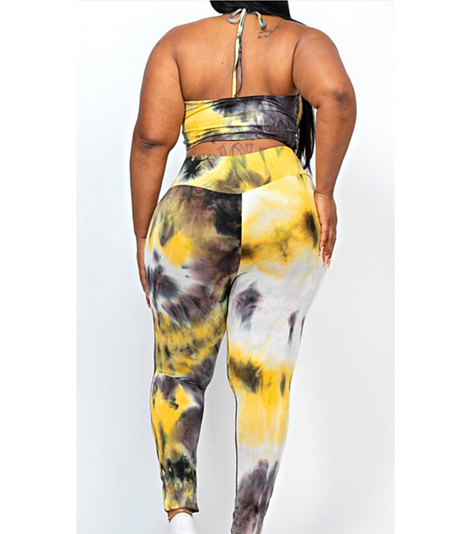 Plus Size Acid Dyed Front Ruched, String Top & Leggings Set