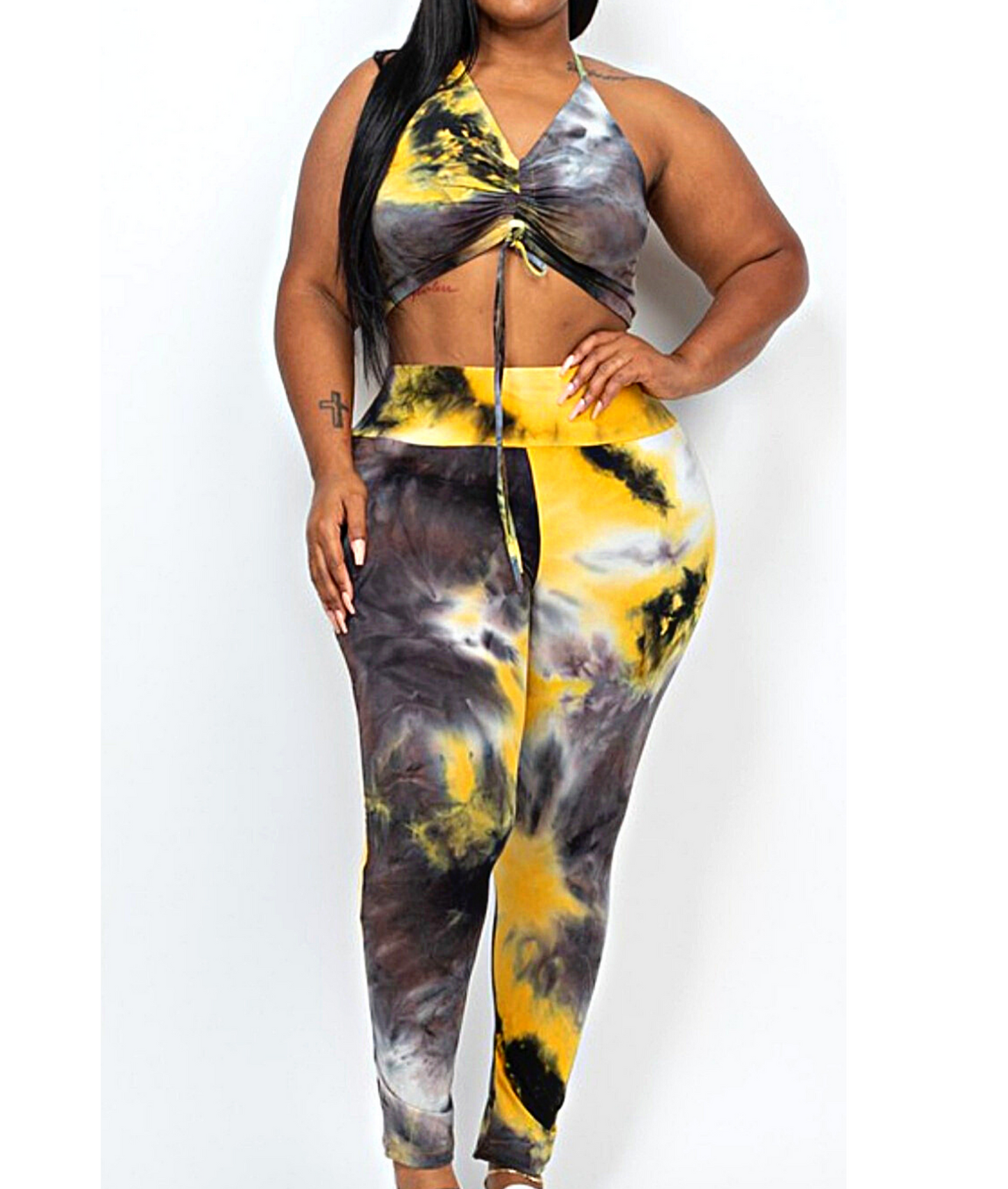 Plus Size Acid Dyed Front Ruched, String Top & Leggings Set