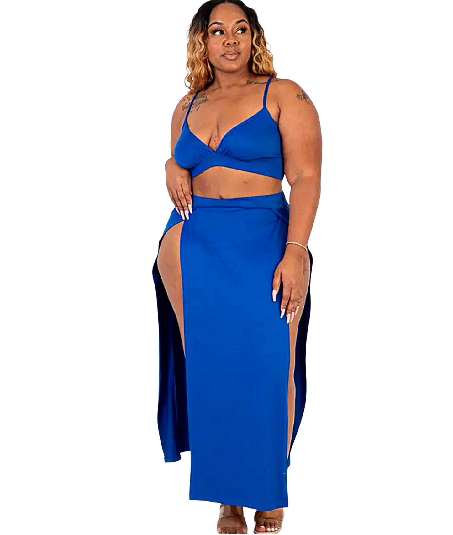 Plus Size Bra Top & Side Slit Maxi Skirt Resort Set Royal