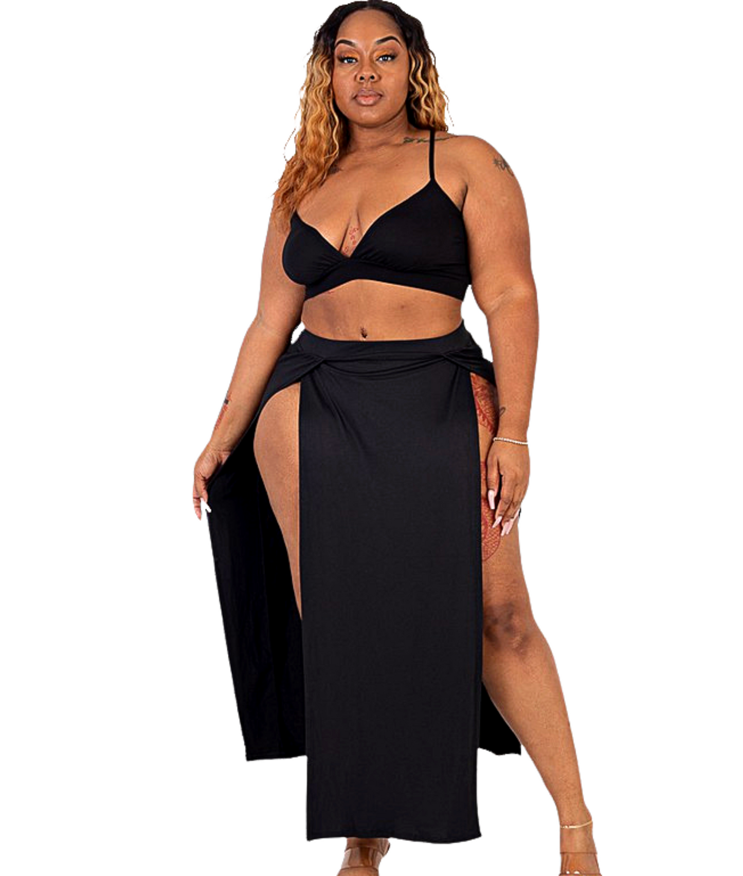 Plus Size Bra Top & Side Slit Maxi Skirt Resort Set Royal