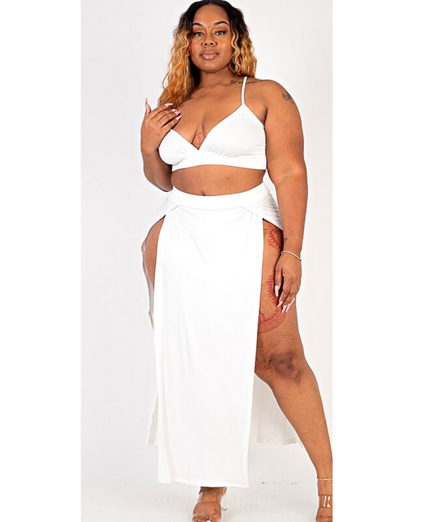 Plus Size Bra Top & Side Slit Maxi Skirt Resort Set Royal