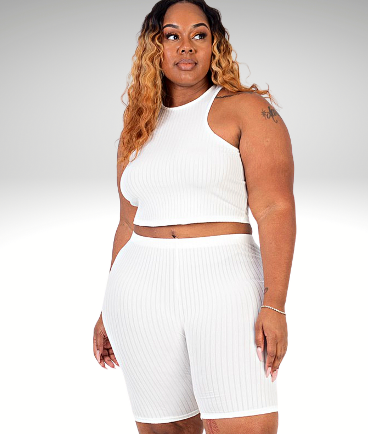 Plus Size Ribbed Cropped Tank Top and Biker Shorts Set