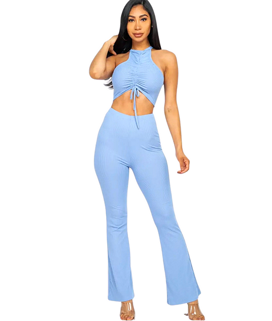 Ribbed Ruched Front Crop Top & Bootcut Set Cloud