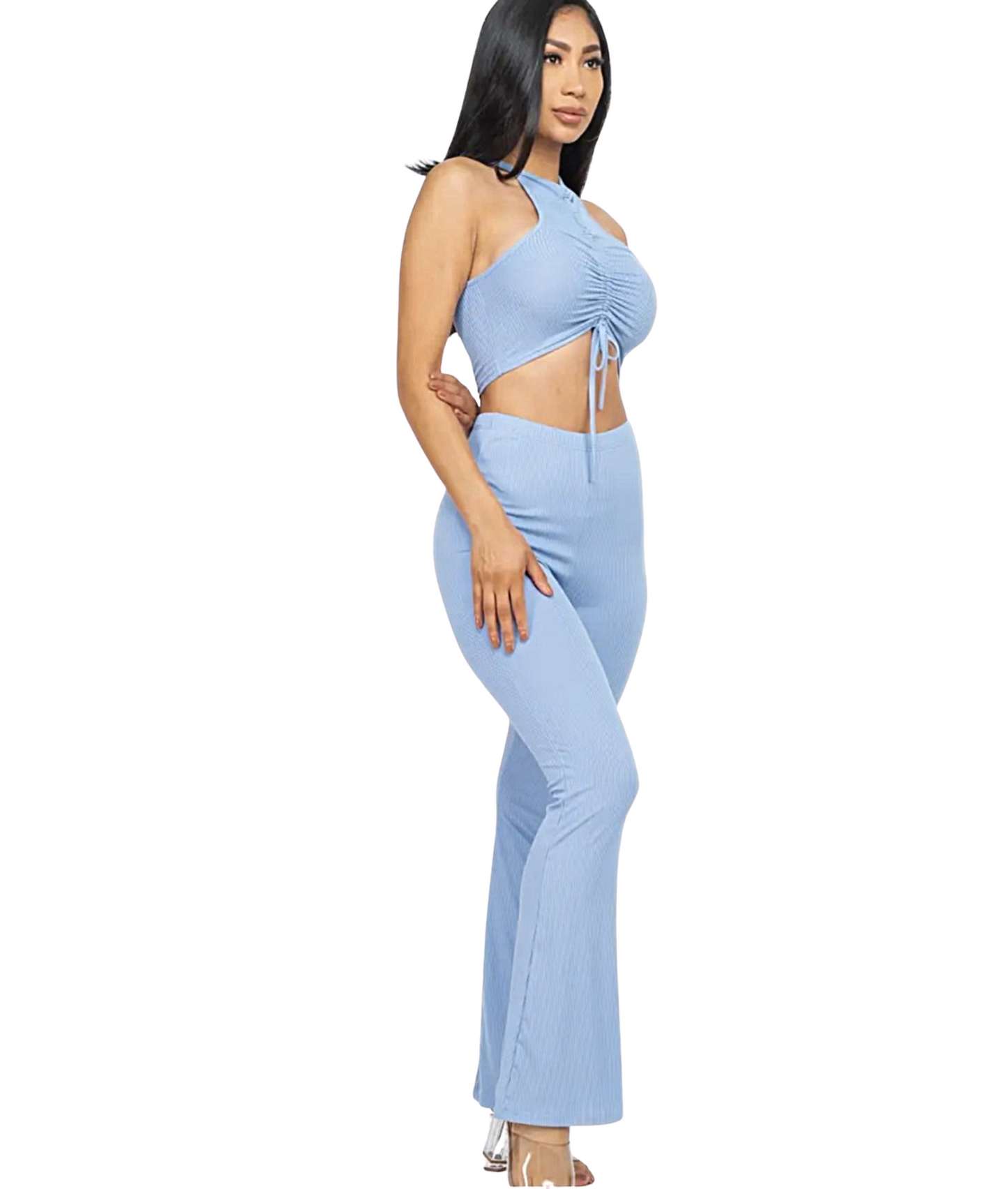 Ribbed Ruched Front Crop Top & Bootcut Set Cloud