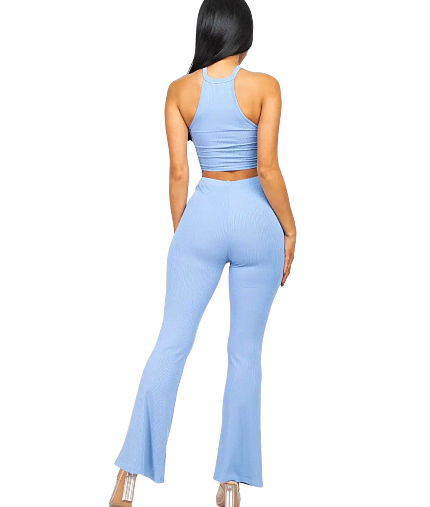 Ribbed Ruched Front Crop Top & Bootcut Set Cloud